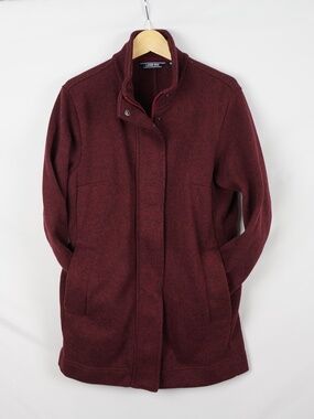 Lands End Hip-Length Fleece Cardigan Full Zip Jacket, Dark Red, Medium Petite